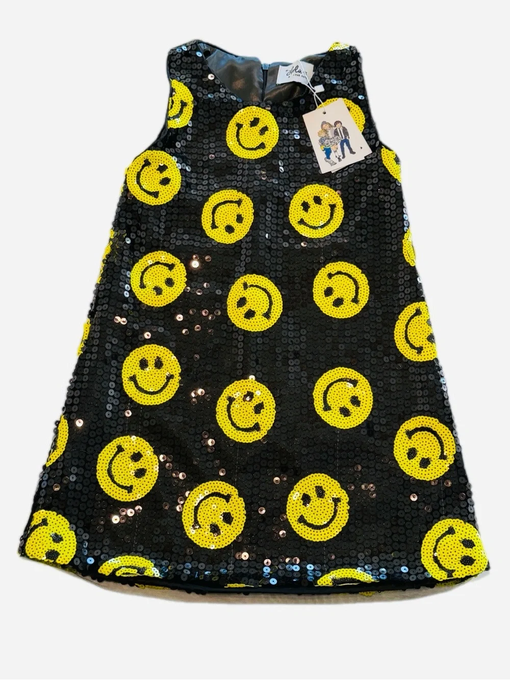 Lola + the Boys Don’t Worry Be Happy Dress Black Sequin Smiley Face